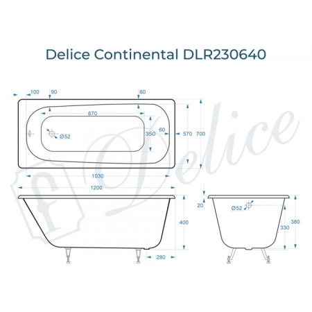 Ванна чугунная Delice Continental DLR230640 120х70 пристенная прямоугольная без ножек