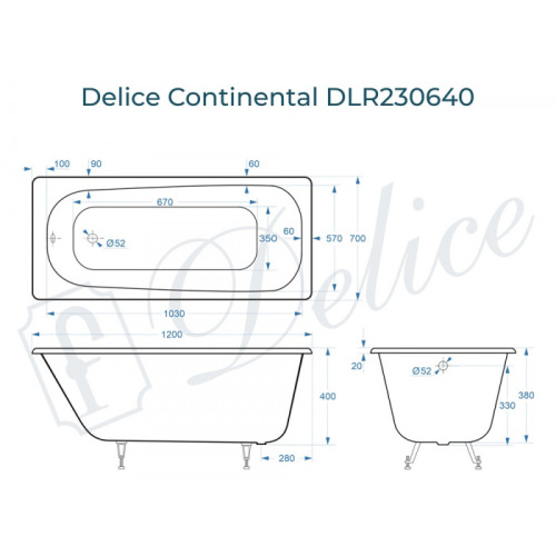 Ванна чугунная Delice Continental DLR230640 120х70 пристенная прямоугольная - фото 2