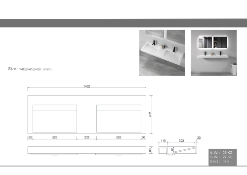 Раковина из искусственного камня Armadi Art Flat 859-140-2 141х45 подвесная цвет белый без отверстий под смеситель - фото 2