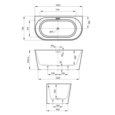 Ванна акриловая Wellsee Excellence Pro 287602000 150х75 пристенная асимметричная с ножками