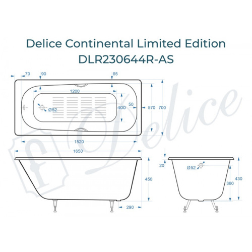 Ванна чугунная Delice Continental Limited Edition DLR230644R-AS 165х70 пристенная прямоугольная - фото 2
