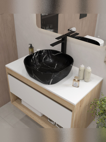 Раковина из сантехнического фарфора Teymi Solli T50383 41х41 накладная цвет черный мрамор - фото 4