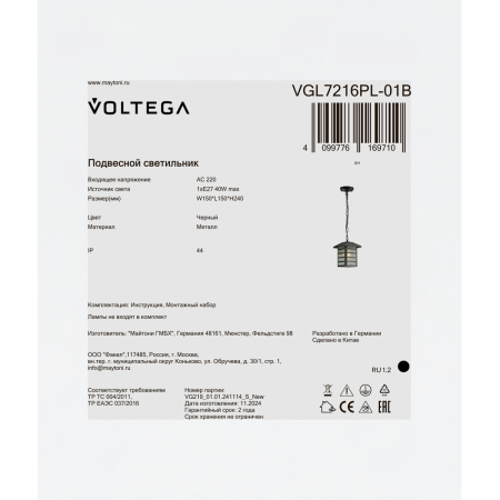 Уличный подвесной светильник Voltega Peek (Взгляд) VGL7216PL-01B