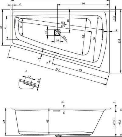 Ванна акриловая Riho STILL SMART B102001005 170х110 пристенная асимметричная без ножек