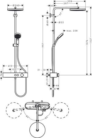Душевая стойка Hansgrohe Pulsify S Showerpipe EcoSmart 24221000 настенная цвет хром с термостатом