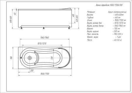 Ванна акриловая Aquatek Афродита AFR150-0000026 150х70 пристенная прямоугольная с каркасом без ручек