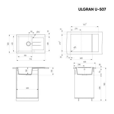 Кухонная мойка Ulgran Classic U-507-308 75х50 цвет черный