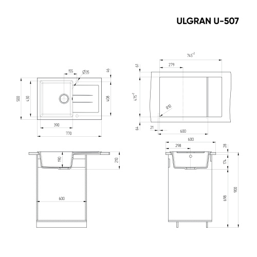 Кухонная мойка Ulgran Classic U-507-308 77х50 цвет черный - фото 2