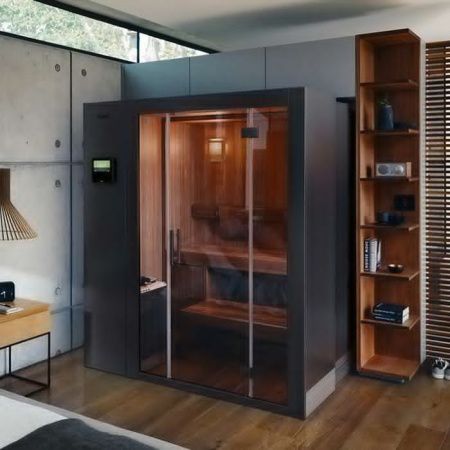 Сауна раздвижная Klafs S1 KLAFS L Black232х160(60)х211 L с прозрачным стеклом, хемлок, Varius 6.0 кВт, чёрный матовый