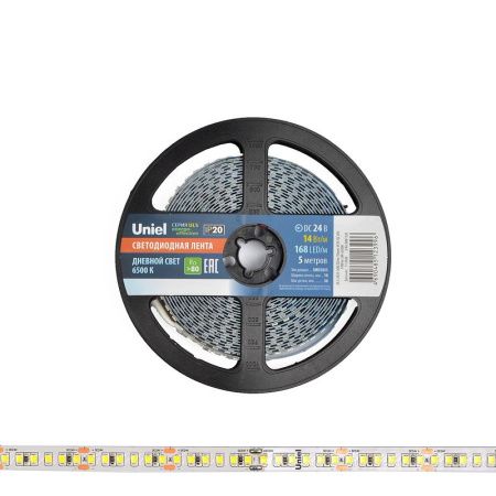 Светодиодная лента Uniel ULS-2835 ULS-2835-168LED/m-10mm-IP20-DC24V-14W/m-5M-6500K катушка в герметичной упаковке