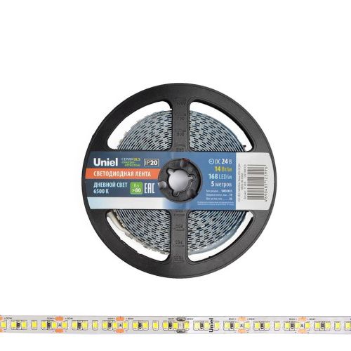 Светодиодная лента Uniel ULS-2835 ULS-2835-168LED/m-10mm-IP20-DC24V-14W/m-5M-6500K катушка в герметичной упаковке - фото 3