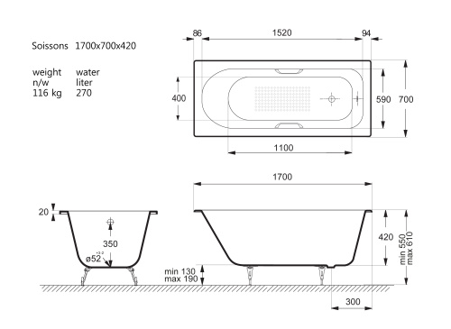 Ванна чугунная Vinsent Veron Soissons VCN1707042H/VH0012BR-AS 170х70 пристенная прямоугольная с ножками с ручками - фото 5