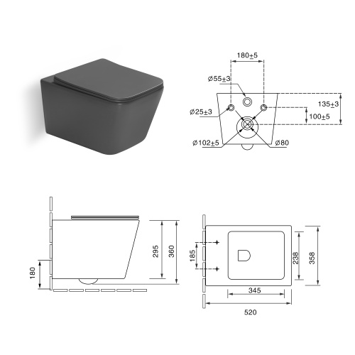 Унитаз подвесной SantiLine SL-5007DG цвет темно-серый матовый с сиденьем микролифт безободковый смыв воронка-водоворот - фото 3