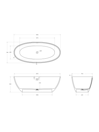 Ванна из искусственного камня Solid Surface Cezares LIBERTA CZR-LIBERTA-170-76-56-GM-SSB 170х75 отдельностоящая овальная