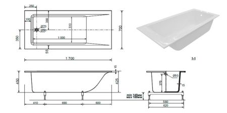 Ванна из литьевго мрамора Taliente Egoista Stretto EG2317070-1Stretto 170х70 пристенная прямоугольная без ножек и каркаса