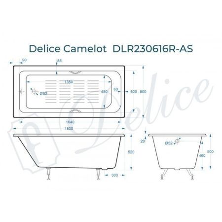 Ванна чугунная Delice Camelot DLR230616R-AS 180х80 пристенная прямоугольная без ножек с отверстиями под ручки