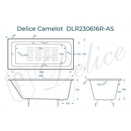 Ванна чугунная Delice Camelot DLR230616R-AS 180х80 пристенная прямоугольная - фото 2
