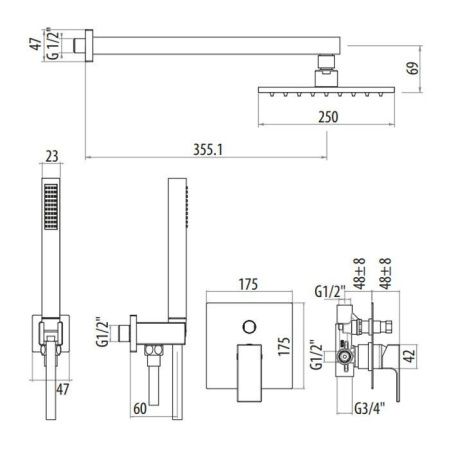 Душевой гарнитур Gattoni Kubik 2590/25NO (ст. арт. KTQ15/PDNO) настенный черный