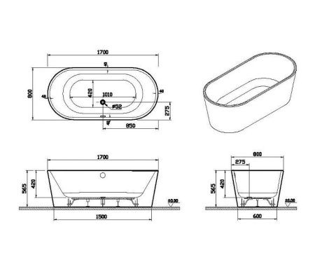 Ванна акриловая Vitra Geo 65370006000 170х80 отдельностоящая овальная с ножками