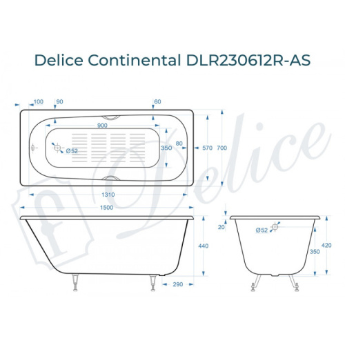 Ванна чугунная Delice Continental DLR230612R-AS 150х70 пристенная прямоугольная - фото 2