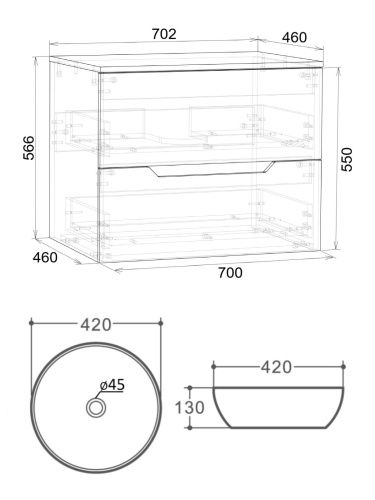 Тумба с раковиной Orange Line Li-70TubMDF+B07-420W 70х46х70 подвесная цвет черный матовый - фото 5