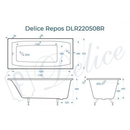 Ванна чугунная Delice Repos DLR220508 170х70 пристенная прямоугольная без ножек
