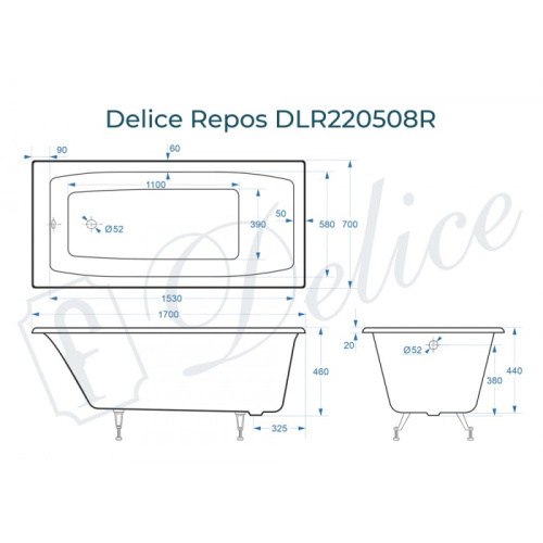 Ванна чугунная Delice Repos 170x70 пристенная прямоугольная - фото 2