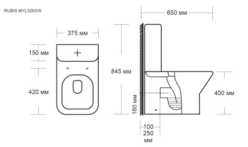 Унитаз напольный с бачком MILLEAU MYL320GW RUBIS MYL320GW белый глянцевый с сиденьем микролифт безободковый смыв воронка-водоворот - фото 2