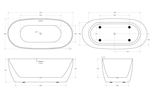 Ванна акриловая BelBagno BB415-1700-800 170х80 отдельностоящая овальная - фото 4
