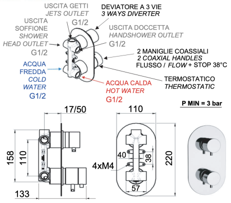Смеситель для душа Remer Elegance NT93BG встраиваемый в стену золото с термостатом