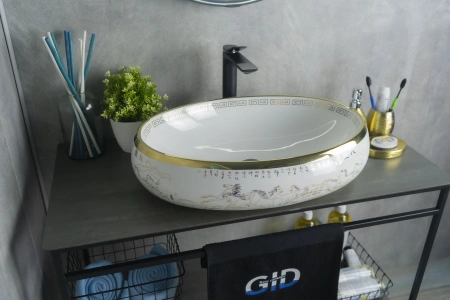 Раковина керамическая Gid Lago 52222 60х40 накладная цвет белый/золото без отверстий под смеситель