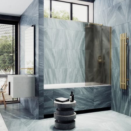 Душевая шторка на ванну Maybah Glass MGV-77-3ш 90х140 стекло тонированное профиль золото глянцевое ориентация универсальная