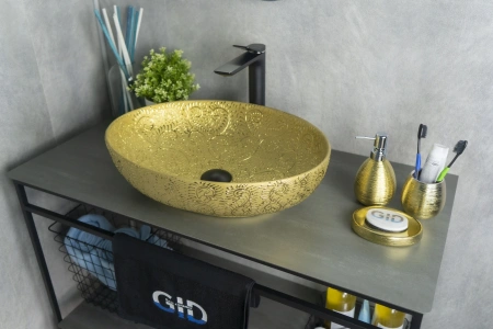 Раковина керамическая Gid Lago 52233 50х40 накладная цвет золото без отверстий под смеситель