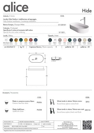 Раковина керамическая Alice Hide 31120101 65х35 накладная цвет белый глянцевый без отверстий под смеситель