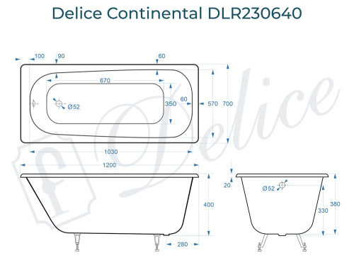 Ванна чугунная Delice Continental DLR230640 120х70 пристенная прямоугольная без ножек - фото 3