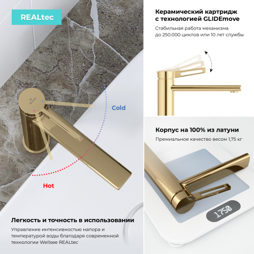 Смеситель Wellsee ONCE! and forever 182408000 на столешницу золото - фото 4