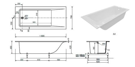 Ванна из литьевго мрамора Taliente Egoista Stretto Matt EG2316070-1StrettoMatt 160х70 пристенная прямоугольная без ножек и каркаса