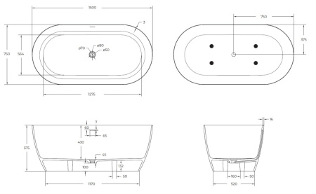 Ванна из искусственного камня Solid Surface Cezares RELAX CZR-RELAX-150-75-57-SSB 150х75 отдельностоящая овальная с ножками