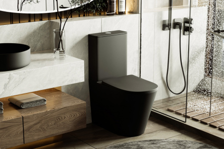 Унитаз напольный с бачком Abber Bequem AC1112TMB черный матовый с сиденьем безободковый смыв торнадо