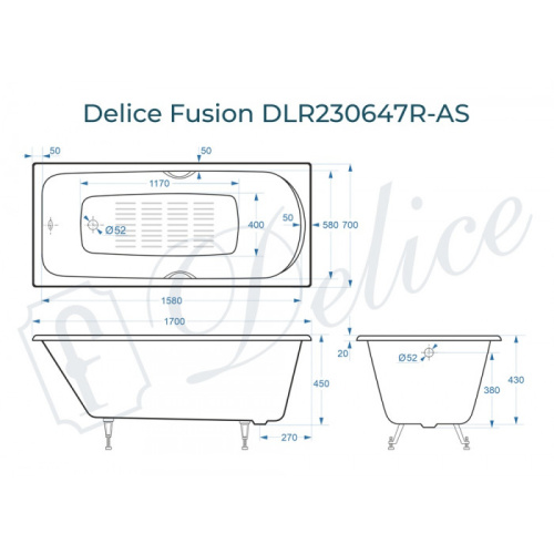 Ванна чугунная Delice Fusion DLR230647R-AS 170х70 пристенная прямоугольная - фото 2