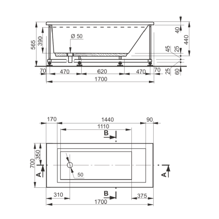 Ванна акриловая Veedi Anica SET13017070 170х70 пристенная прямоугольная без каркаса