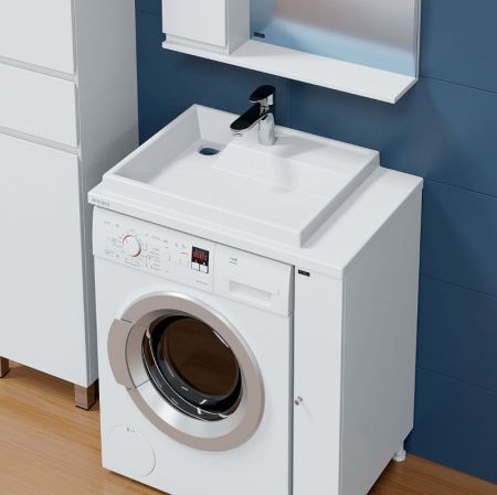 Раковина из искусственного камня СанТа Юпитер 900137 80х50 над стиральной машиной цвет белый 1 отверстие под смеситель