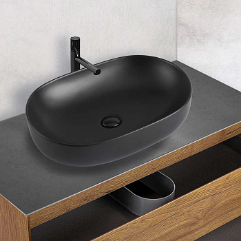 Раковина из сантехнического фарфора Vincea VBS-113MB 60х42 накладная цвет черный матовый без отверстий под смеситель