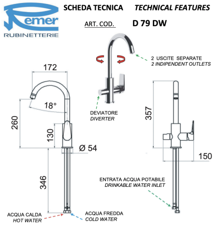Смеситель для кухни Remer Dream D79DW на мойку хром