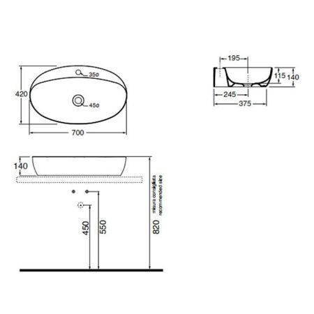 Раковина из сантехнического фаянса Azzurra ELEGANCE ELLA070420CMBI/(ECI70M bi)*1 70х40 накладная цвет белый 1 отверстие под смеситель