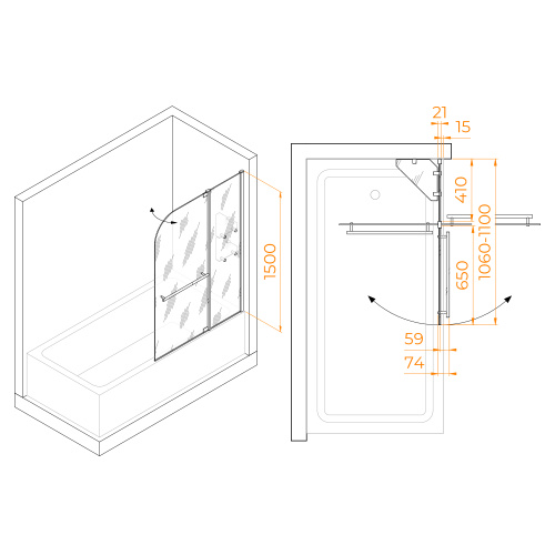 Душевая шторка на ванну RGW Screens 03110411-11 110х150 стекло прозрачное профиль хром глянцевый ориентация универсальная - фото 2