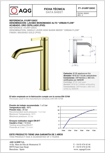 Смеситель AQG Urban Flow 01URF120OC на столешницу золото матовое - фото 2