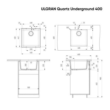 Кухонная мойка Ulgran Quartz Under 400-01 45х45 цвет белый