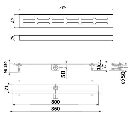 Душевой лоток Timo Standart DP20800-DG20800 85х15 хром