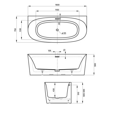 Ванна акриловая Wellsee Belle Spa 2.0 235801000 160х75 пристенная асимметричная с ножками
